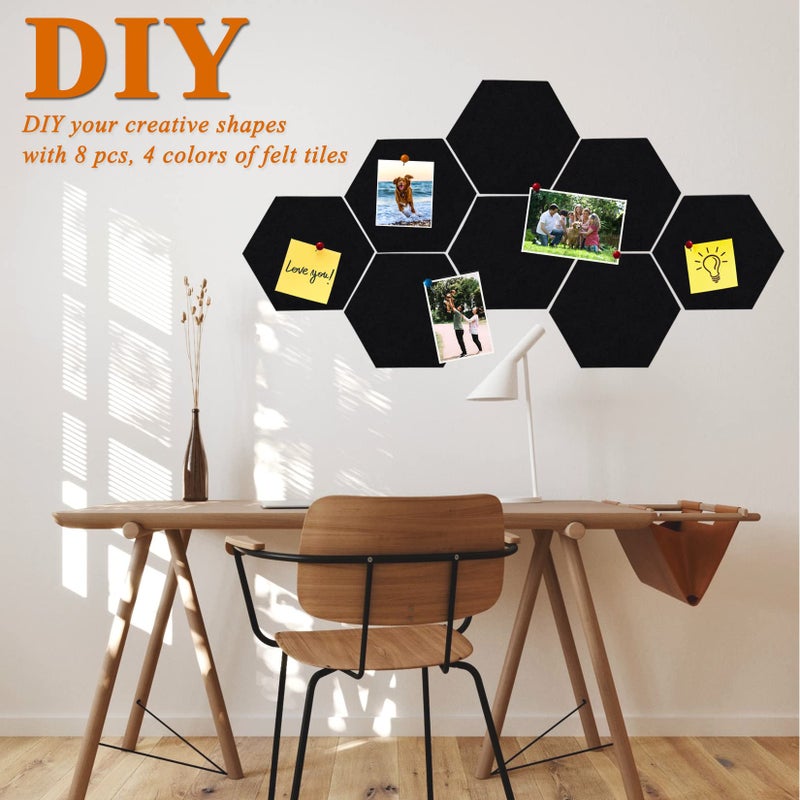 HULAVO 8 قطع من بلاط الفلين السداسي، ذاتية اللصق DIY لوحة الإعلانات لوحة دبوس للمكتب والمدرسة وملصقات ديكور الحائط والمذكرات وعرض الصور (أسود) - Image 3